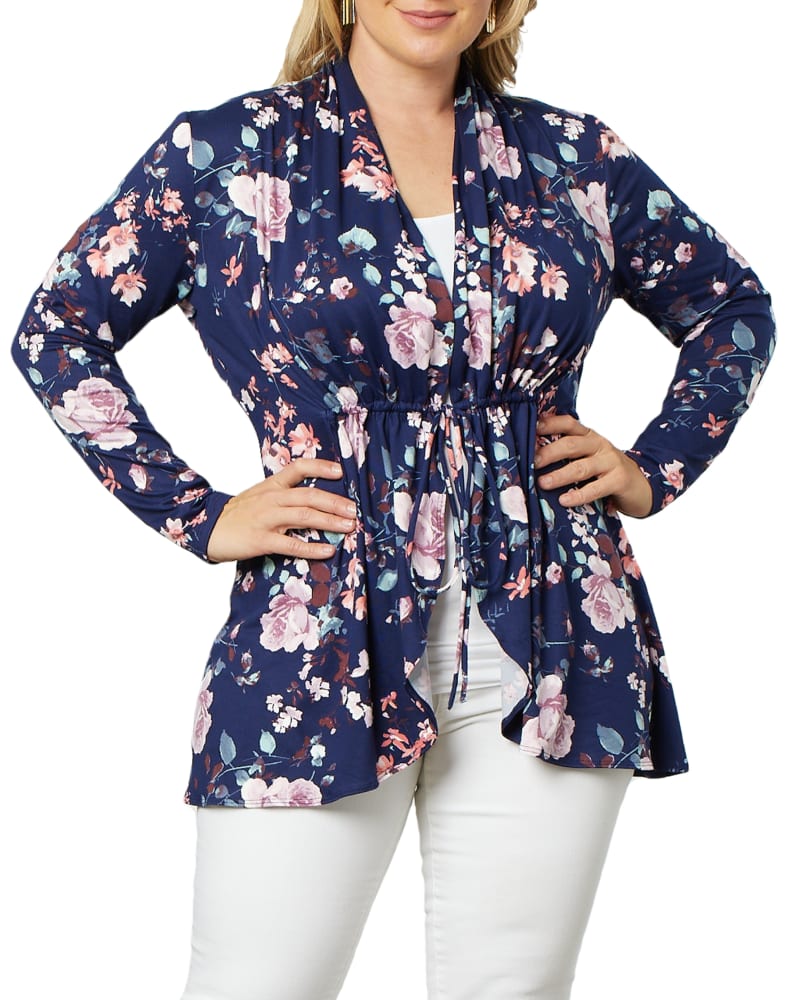 Front of a model wearing a size 5X Lori Brushed Bellini in EVENING ROSE GARDEN by Kiyonna. | dia_product_style_image_id:268155